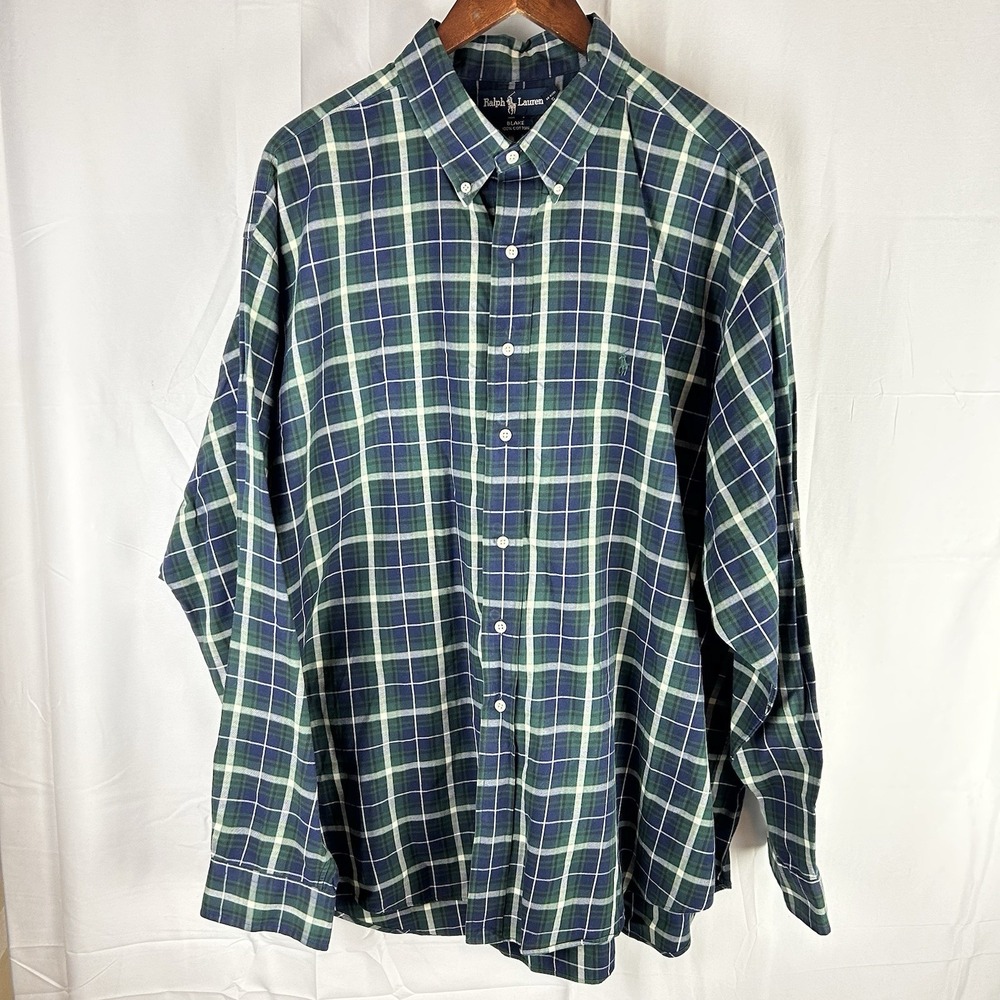 Ralph Lauren Blake Long Sleeve Men's Shirt XXL Green Blue Plaid Button Down VTG‎